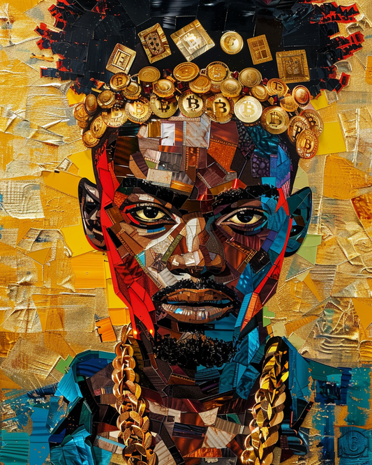 Tableau pop art Monarque Numérique : portrait de roi numérique coloré, mélange de pixels dorés, rouges et bleus, style street art