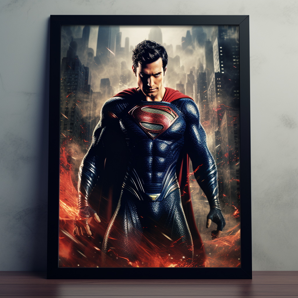 Cadre photo 40x60 cm noir : affiche pop art de super-héros en costume bleu et rouge et cape, encadrée en bois MDF noir, ambiance urbaine.