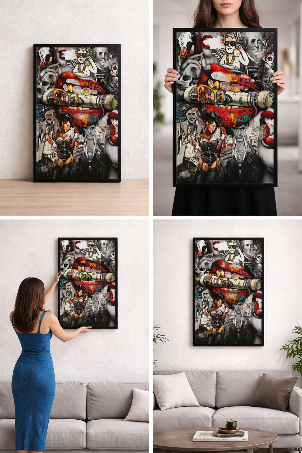 Tableau Pop Art Collage Icon Legend Kiss - Cadre Noir 40x60