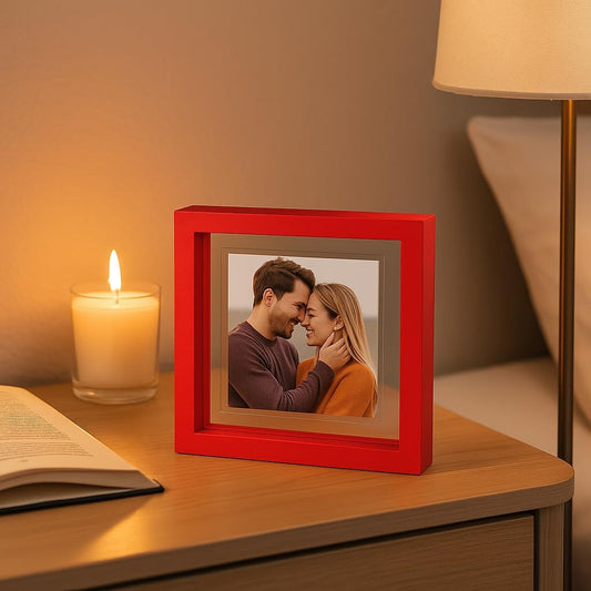 Cadre photo transparent MDF rouge – 10×10 cm (double vitrage)