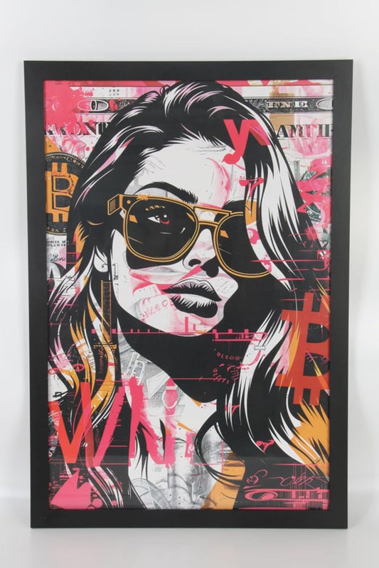 Tableau Crypto Couture sur fond blanc : portrait pop art de femme en lunettes de soleil et billets de banque, cadre noir, couleurs vives, style street art