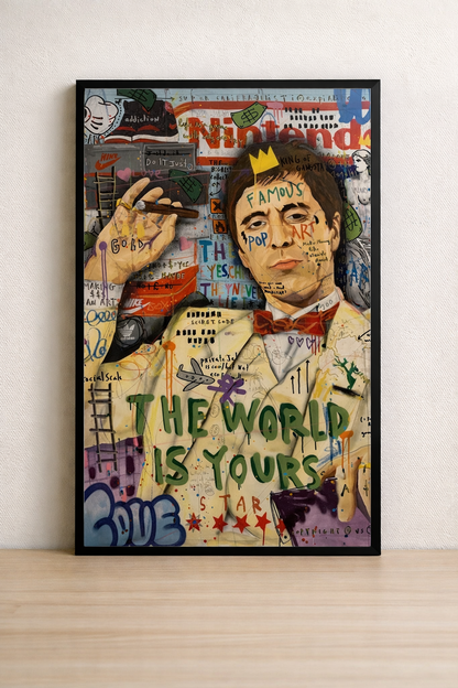 Tableau Scarface Pop Art - The World Is Yours - Cadre Noir 40x60
