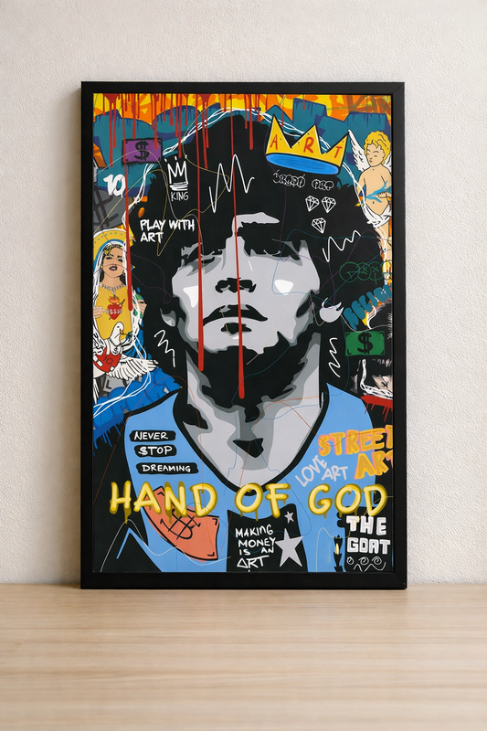 Tableau Maradona Pop Art - Hand of God - Cadre Noir 40x60