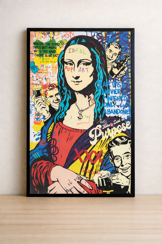 Tableau Mona Lisa Pop Art - Art Is Never Finished - Cadre Noir 40x60