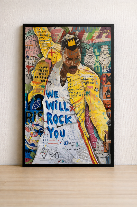 Tableau Freddie Mercury Pop Art - We Will Rock You - Cadre Noir 40x60