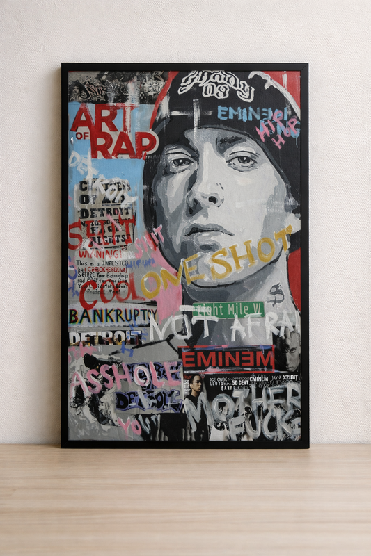 Tableau Eminem Pop Art - Art of Rap Detroit - Cadre Noir 40x60