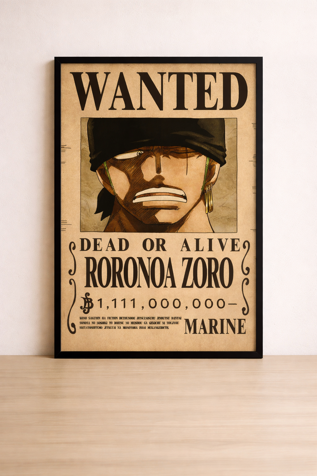 Tableau One Piece Zoro Wanted Pop Art - Cadre Noir 40x60