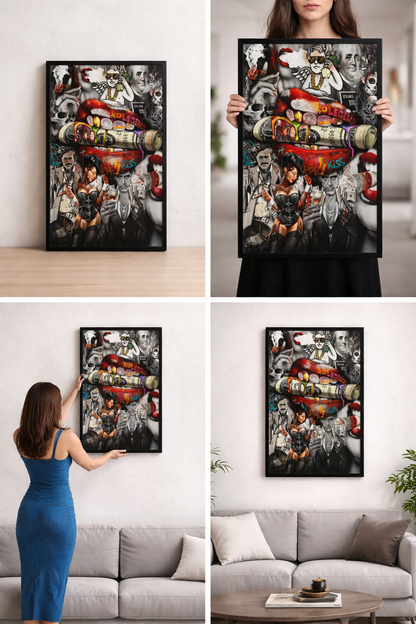 Tableau Pop Art Collage Icon Legend Kiss - Cadre Noir 40x60