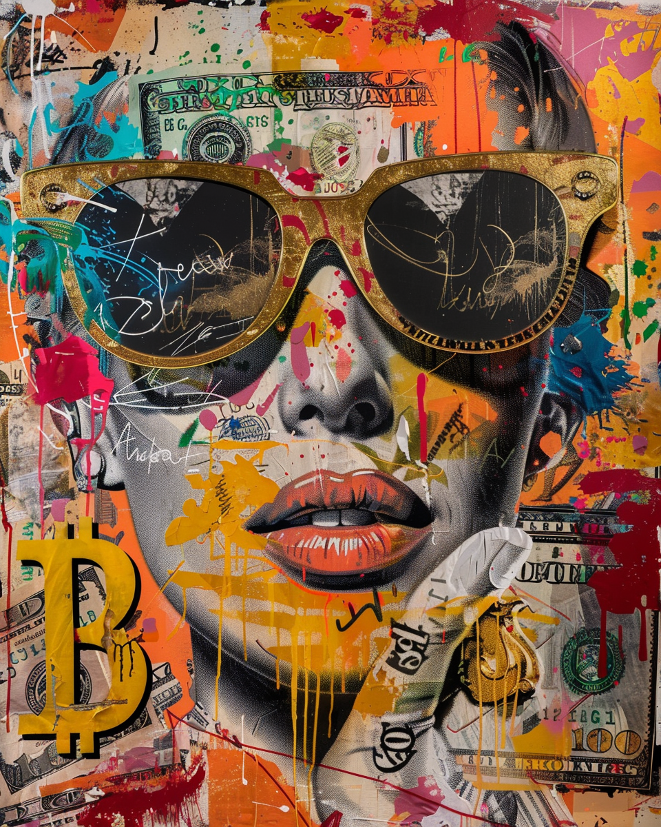Tableau pop art Spectre Urbain : portrait de femme graffitis multicolores avec lunettes et motifs urbains, style street art moderne