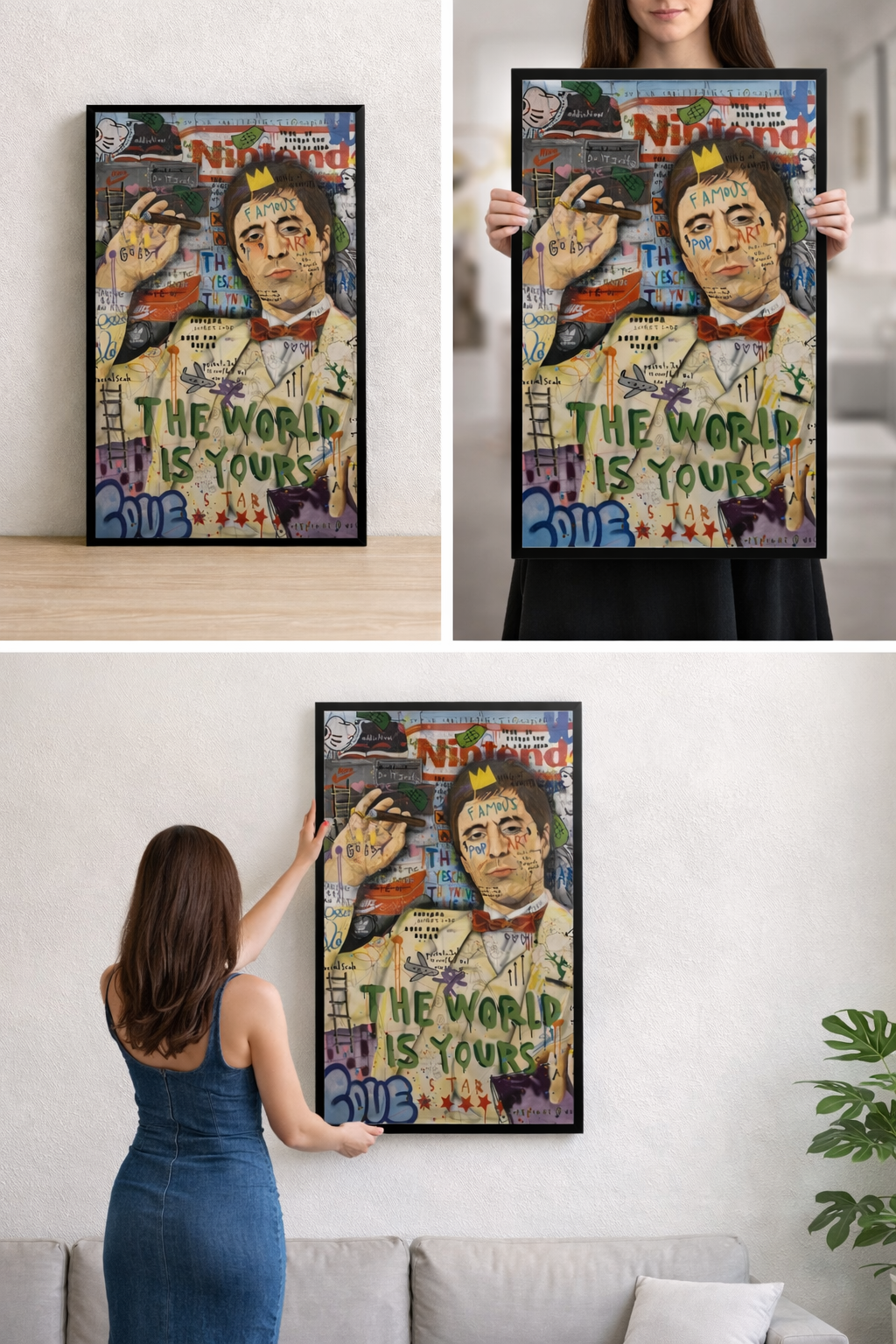 Tableau Scarface Pop Art - The World Is Yours - Cadre Noir 40x60