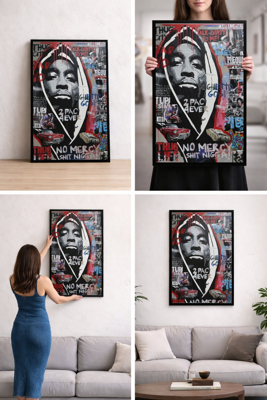 Tableau Tupac 2Pac Pop Art - Thug Life 4Ever - Cadre Noir 40x60